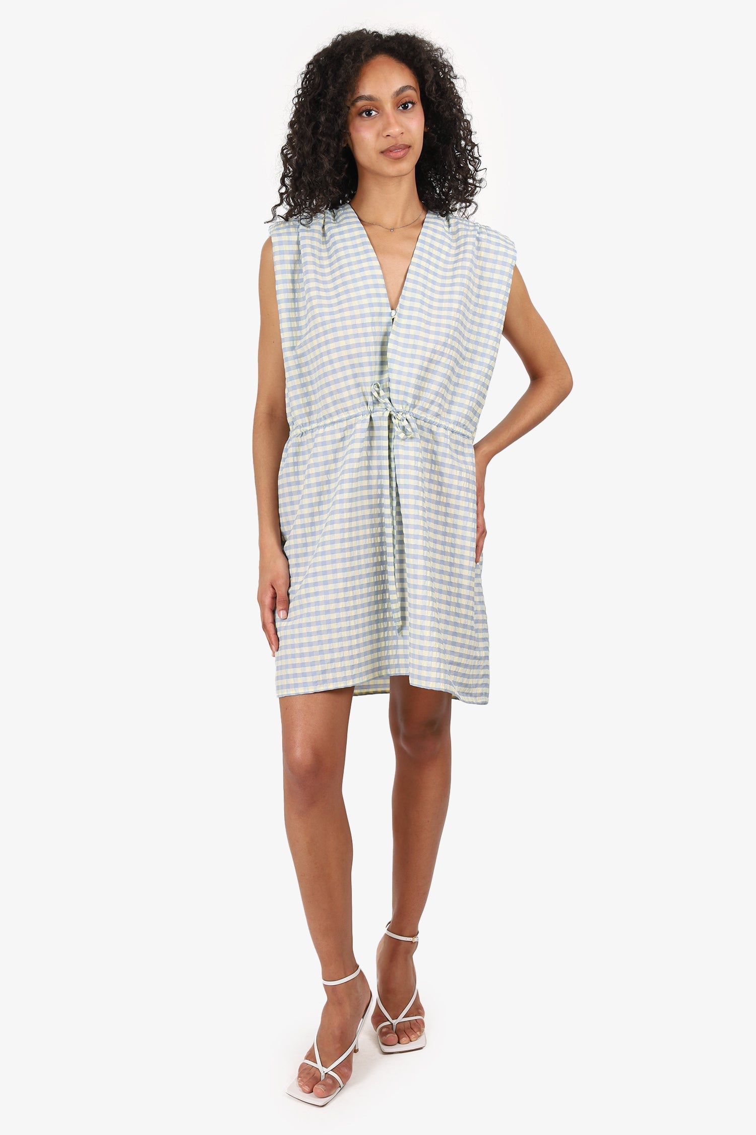 Roseanna Blue/Yellow Checked Padded Shoulder Sleeveless Mini Dress Size 36