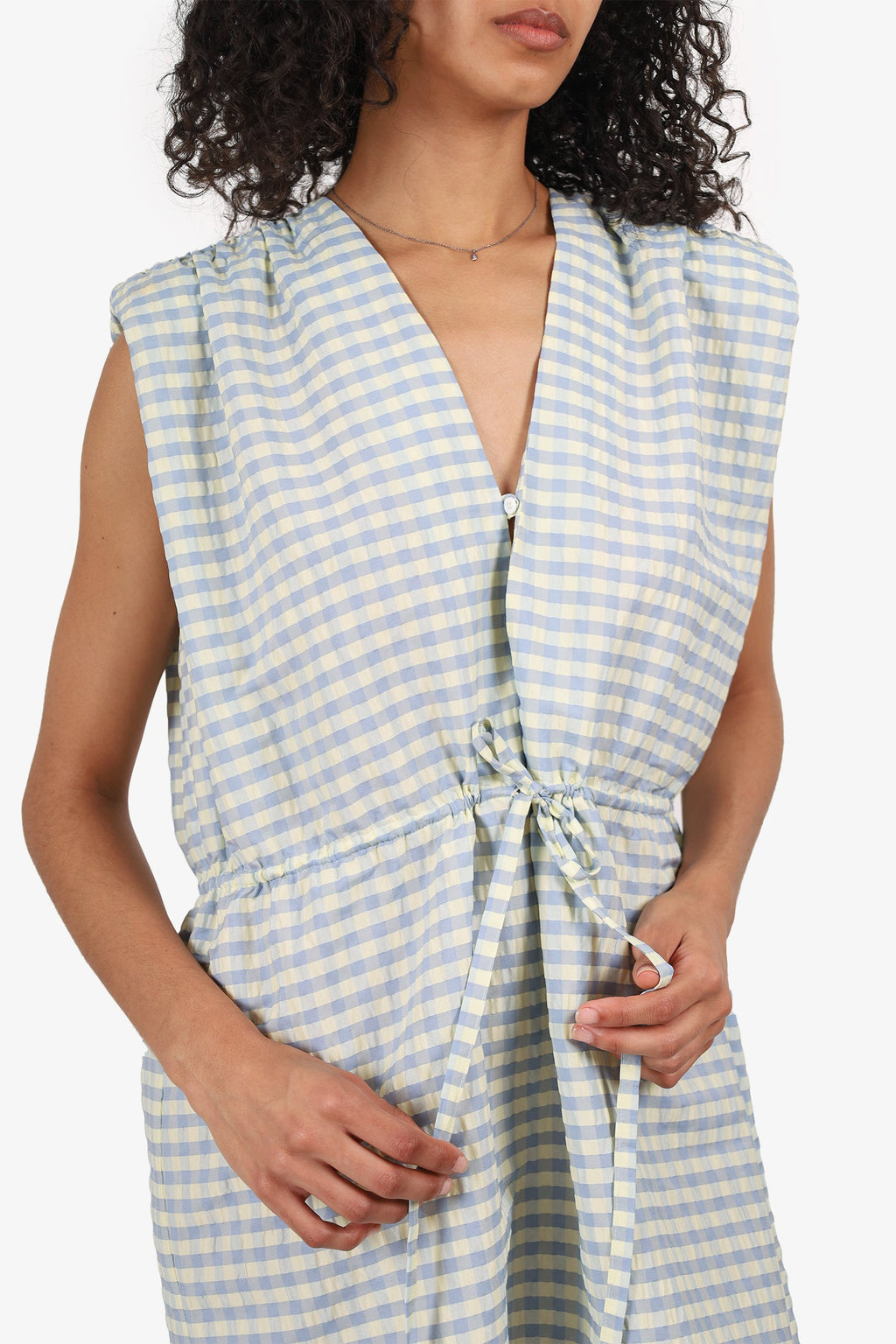 Roseanna Blue/Yellow Checked Padded Shoulder Sleeveless Mini Dress Size 36