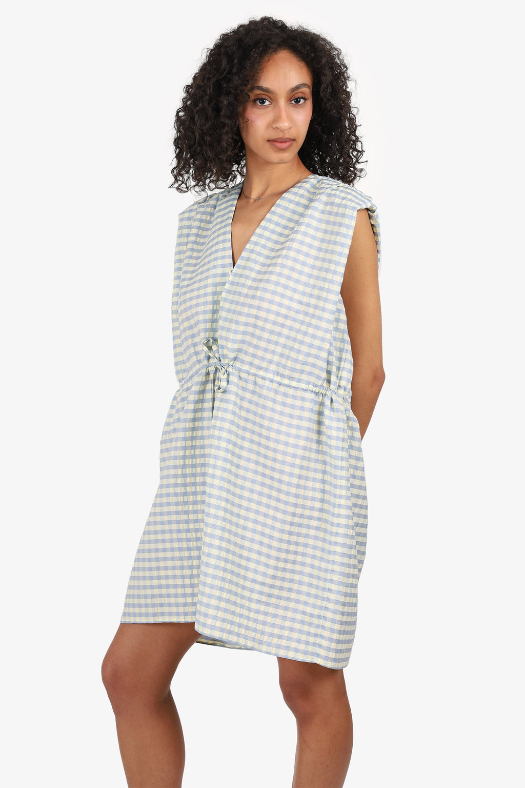 Roseanna Blue/Yellow Checked Padded Shoulder Sleeveless Mini Dress Size 36