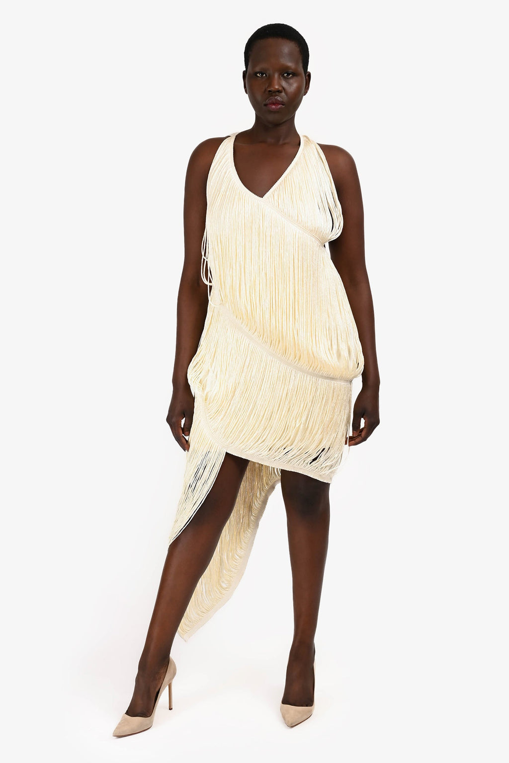Loewe Cream Fringe Asymmetrical V Neck Dress Size M