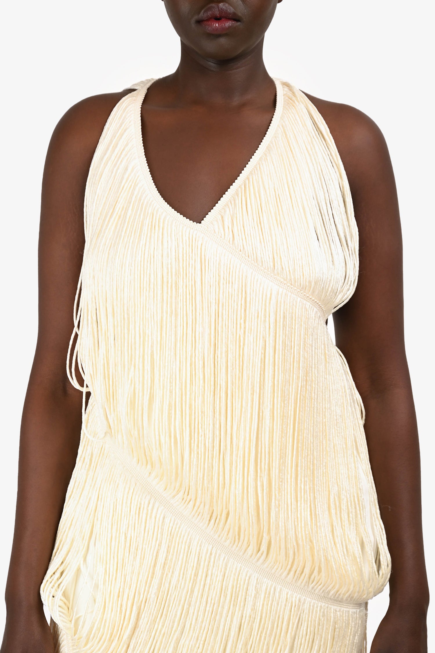 Loewe Cream Fringe Asymmetrical V Neck Dress Size M