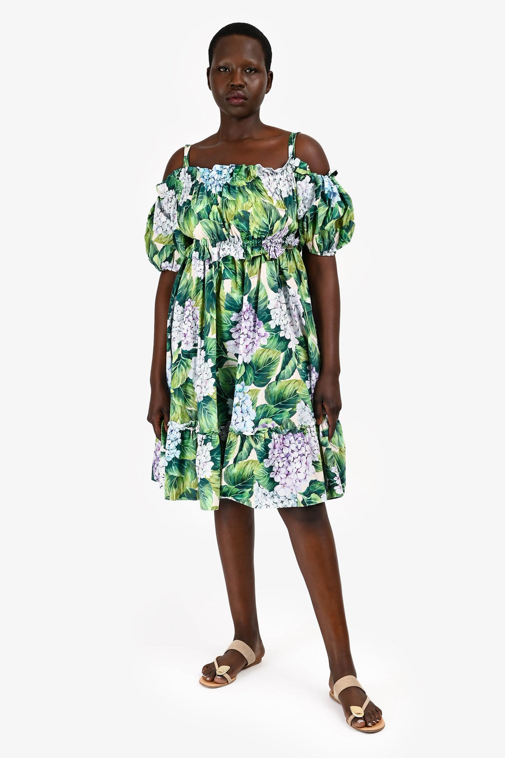 Dolce & Gabbana Green Floral Printed Cold Shoulder Puff Short Sleeves Dress Size 44