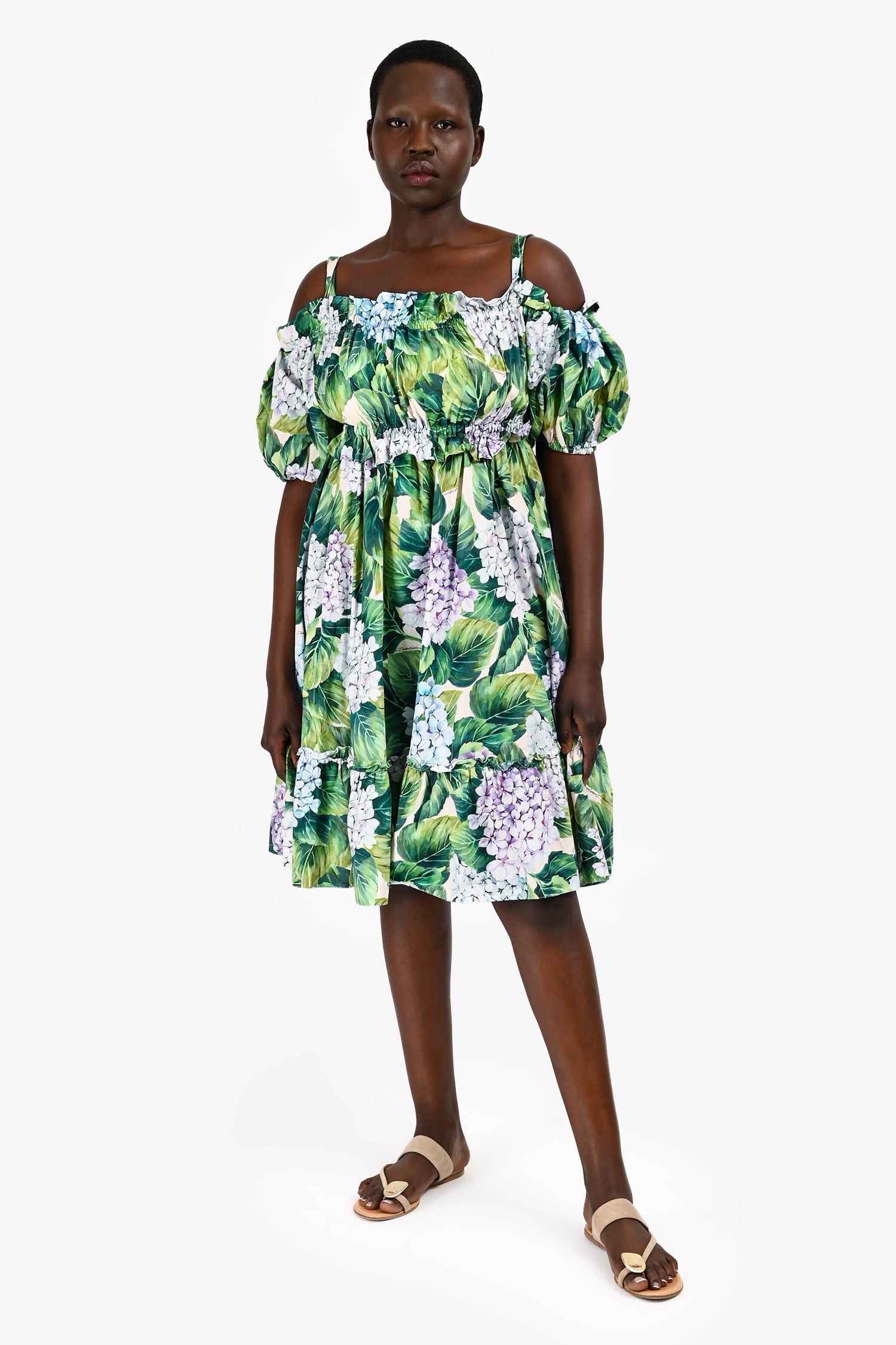 Dolce & Gabbana Green Floral Printed Cold Shoulder Puff Short Sleeves Dress Size 44