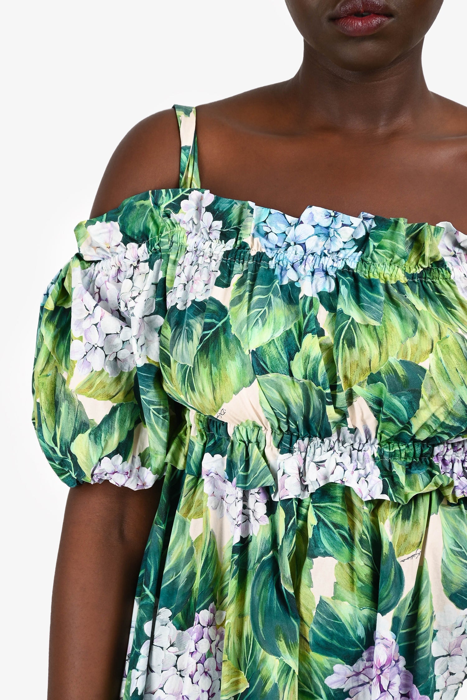 Dolce & Gabbana Green Floral Printed Cold Shoulder Puff Short Sleeves Dress Size 44