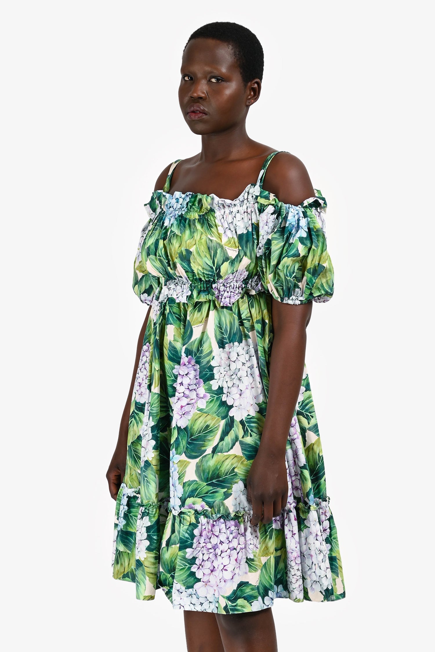 Dolce & Gabbana Green Floral Printed Cold Shoulder Puff Short Sleeves Dress Size 44
