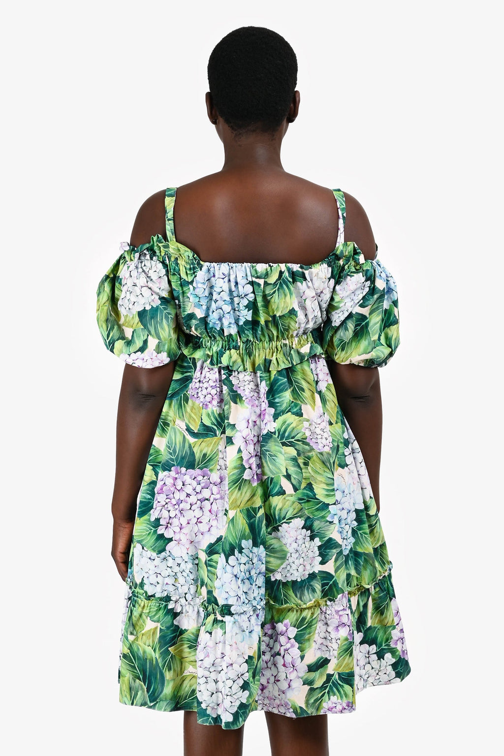 Dolce & Gabbana Green Floral Printed Cold Shoulder Puff Short Sleeves Dress Size 44