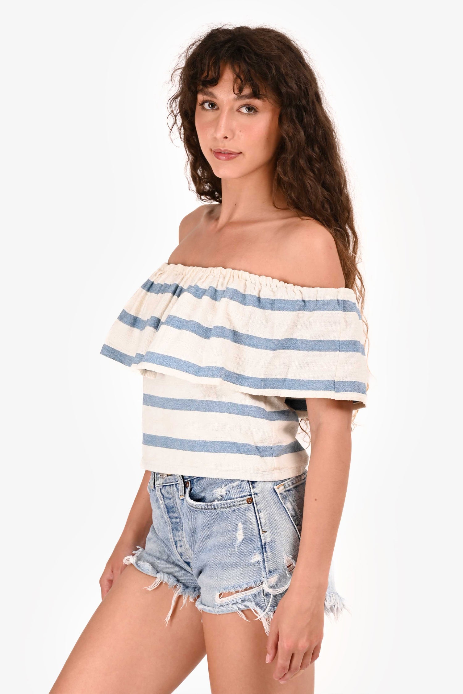Mara Hoffman White/Blue Striped Cotton Off Shoulder Top Size S