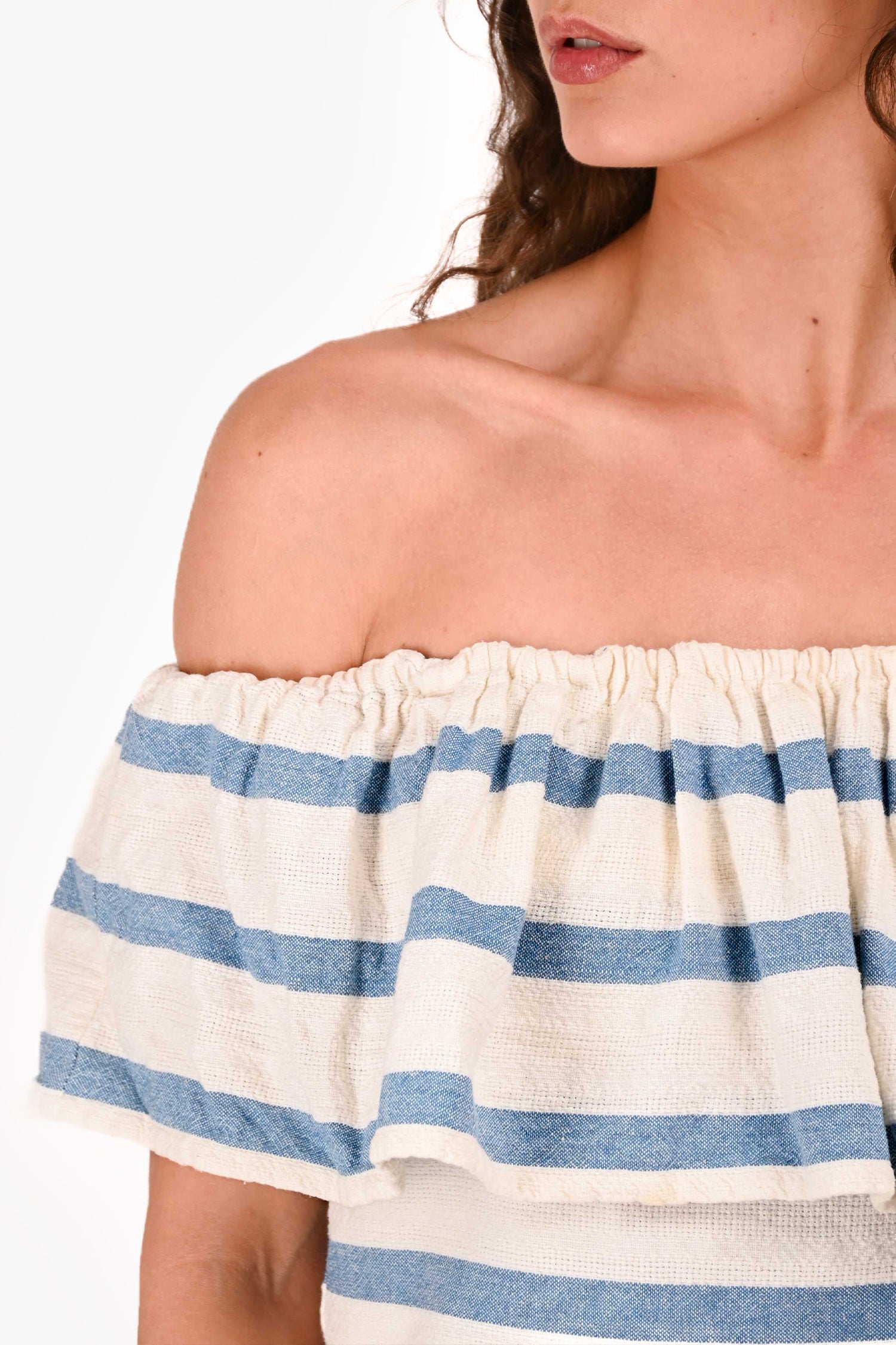 Mara Hoffman White/Blue Striped Cotton Off Shoulder Top Size S