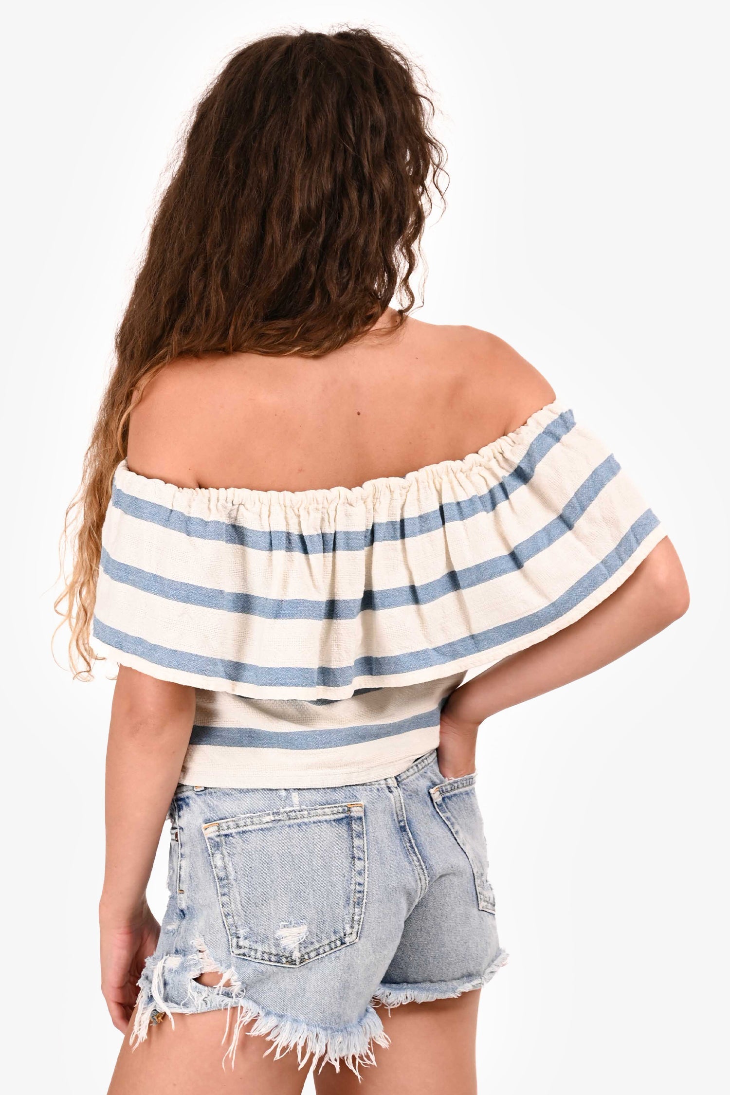 Mara Hoffman White/Blue Striped Cotton Off Shoulder Top Size S