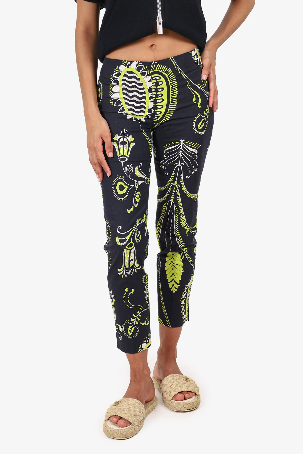 Emilio Pucci Black/Green Floral Print Straight Leg Trousers Size 6