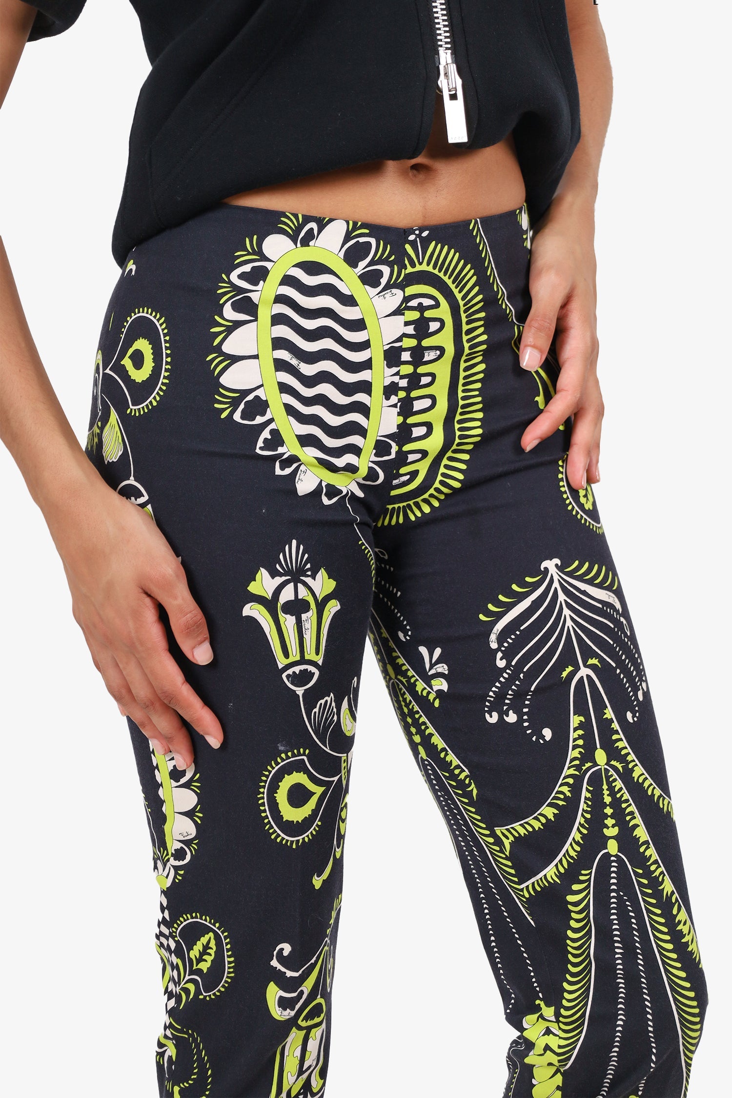 Emilio Pucci Black/Green Floral Print Straight Leg Trousers Size 6