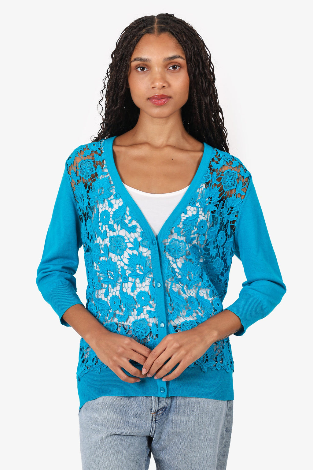 Escada Blue Lace Detail Long Sleeve igan Size L