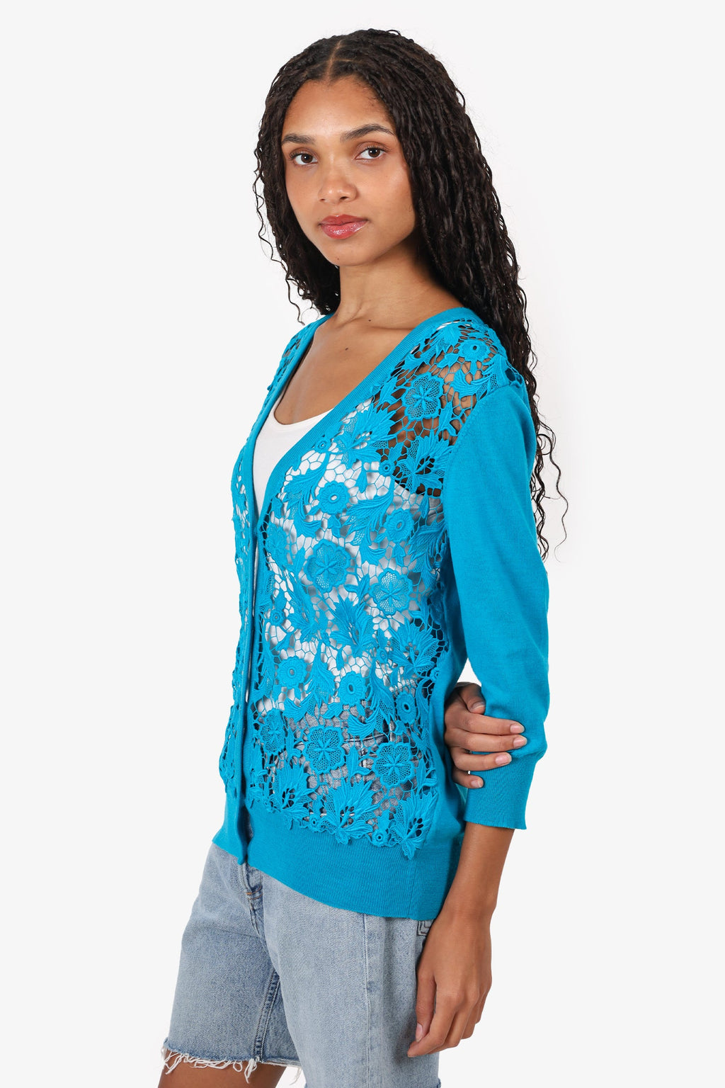 Escada Blue Lace Detail Long Sleeve igan Size L