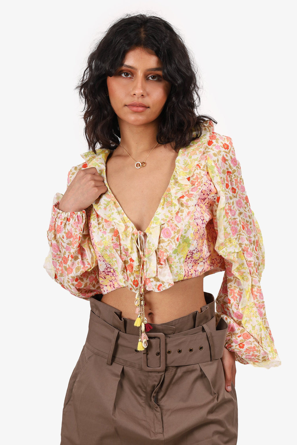 Zimmermann Pink Floral Linen Long Sleeve Cropped Top With Shell Tassels Size 2