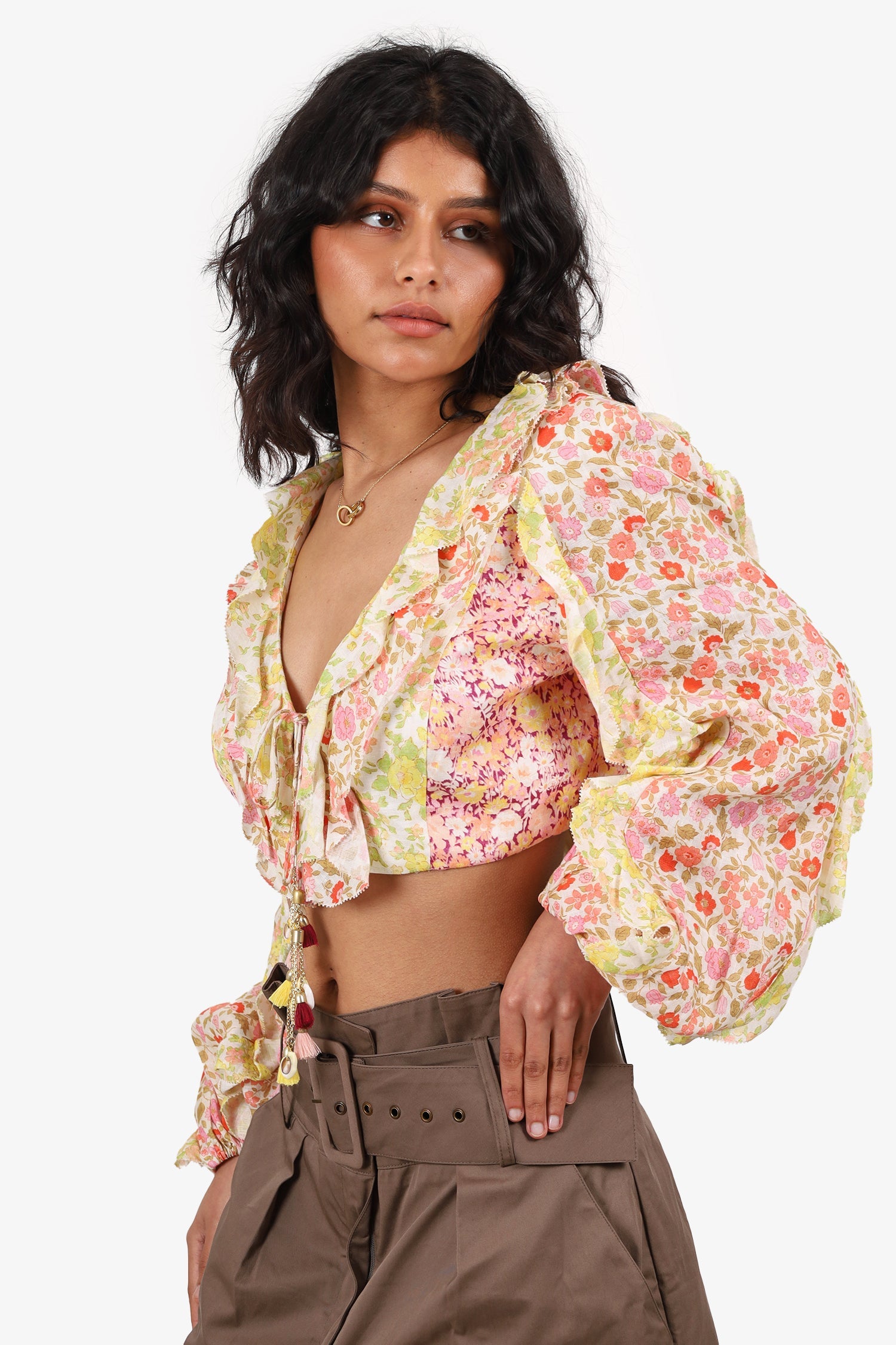 Zimmermann Pink Floral Linen Long Sleeve Cropped Top With Shell Tassels Size 2