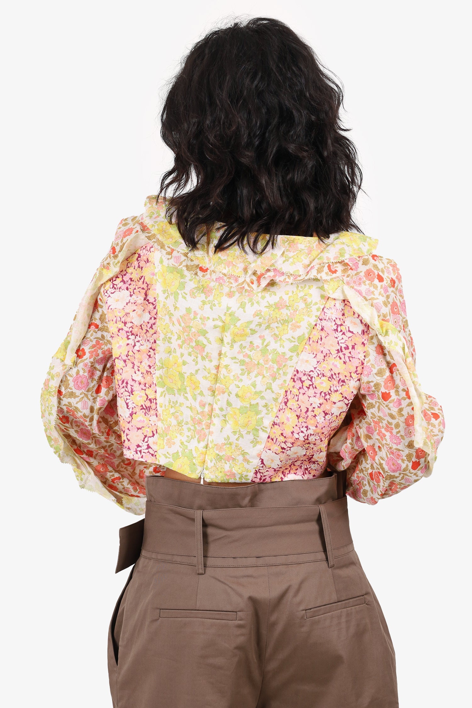 Zimmermann Pink Floral Linen Long Sleeve Cropped Top With Shell Tassels Size 2