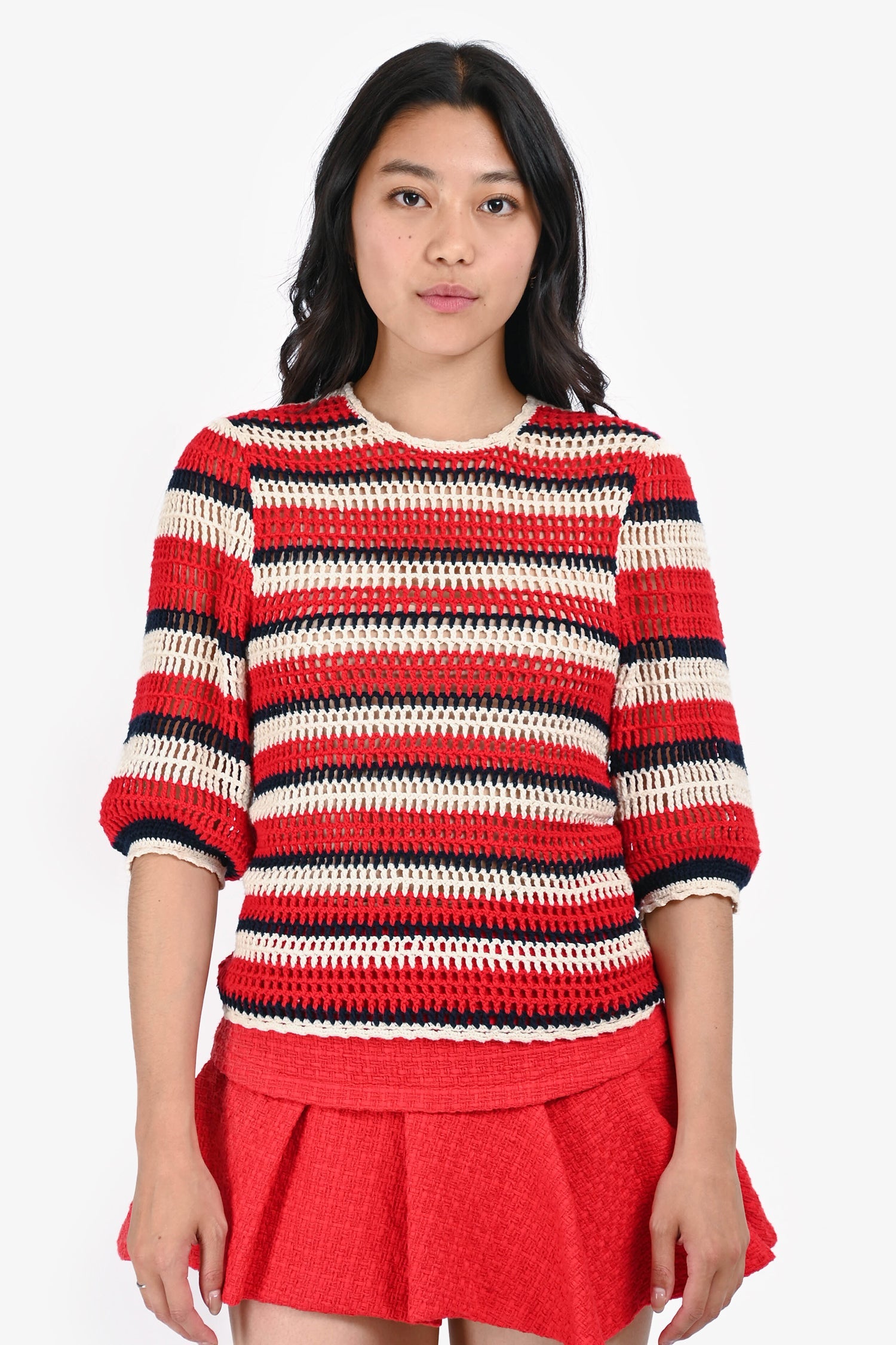 Ulla Johnson Red/White and Navy Striped Crochet Top Size S