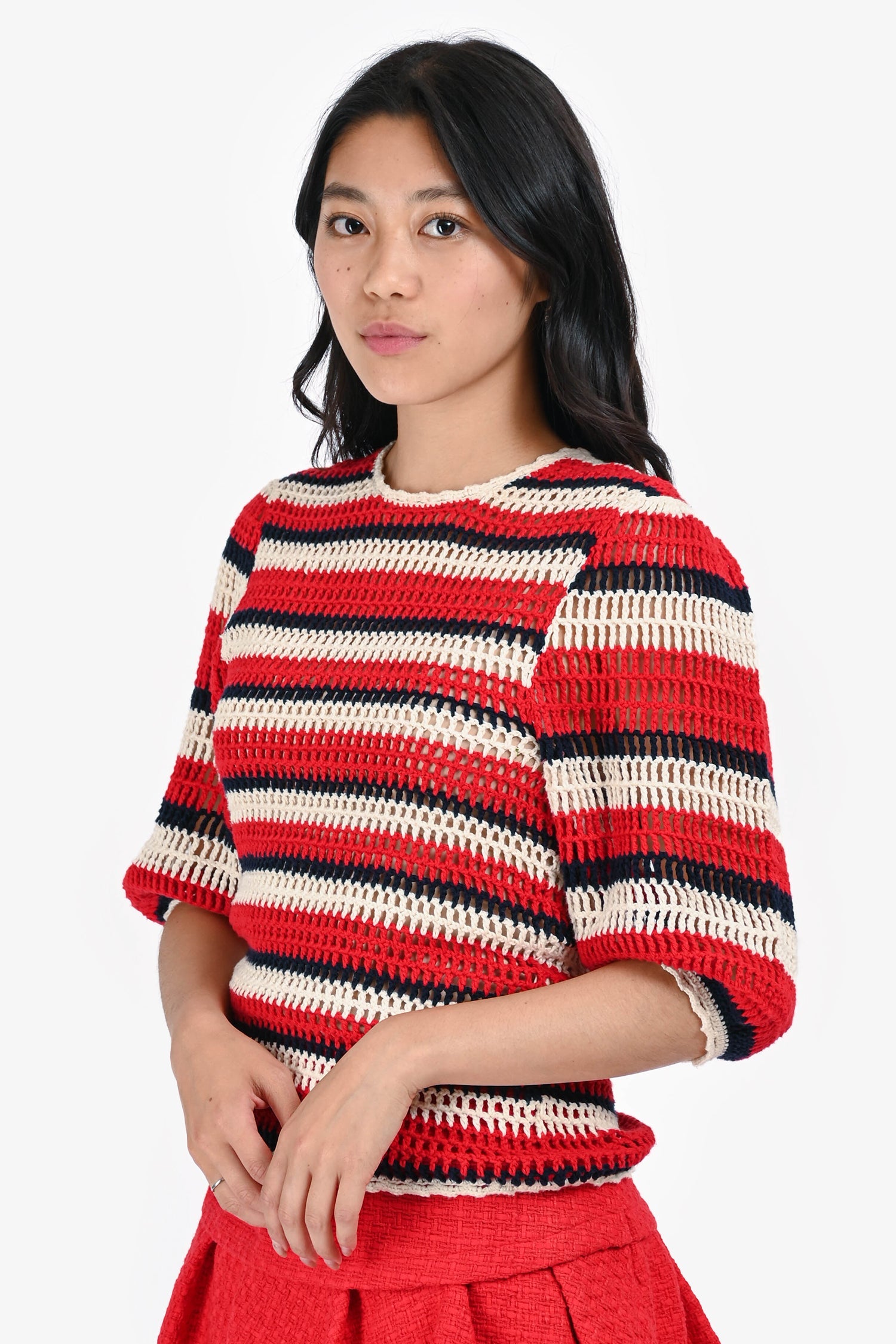 Ulla Johnson Red/White and Navy Striped Crochet Top Size S