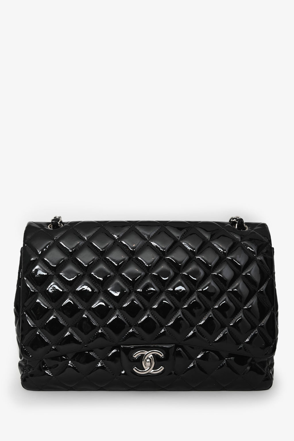 Pre-Loved Chanel™ 2012/13 Black Quilted Patent Maxi Double Flap Shoulder Bag