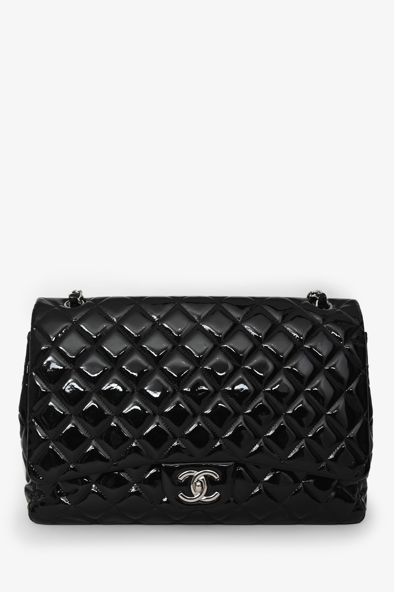 Pre-Loved Chanel™ 2012/13 Black Quilted Patent Maxi Double Flap Shoulder Bag