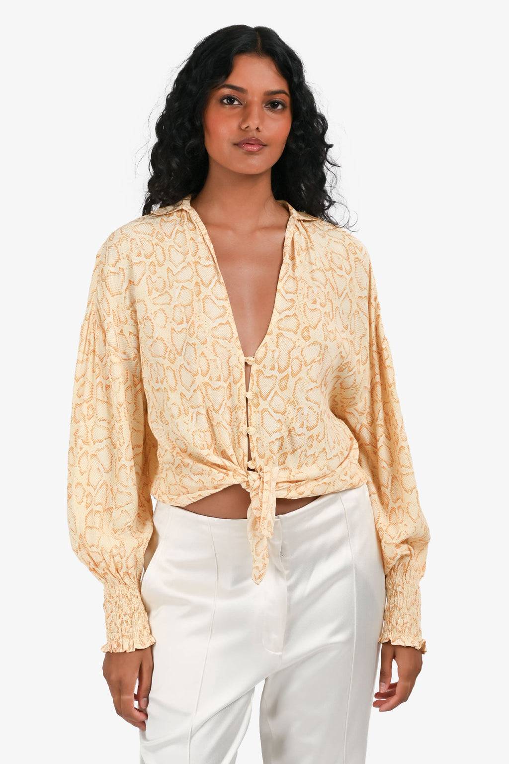 Faithfull The Brand Yellow Snakeskin Print Blouse Size XS