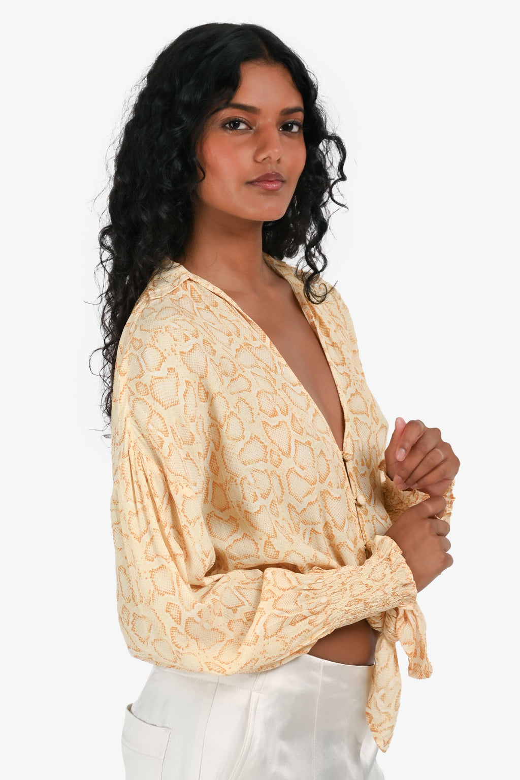 Faithfull The Brand Yellow Snakeskin Print Blouse Size XS