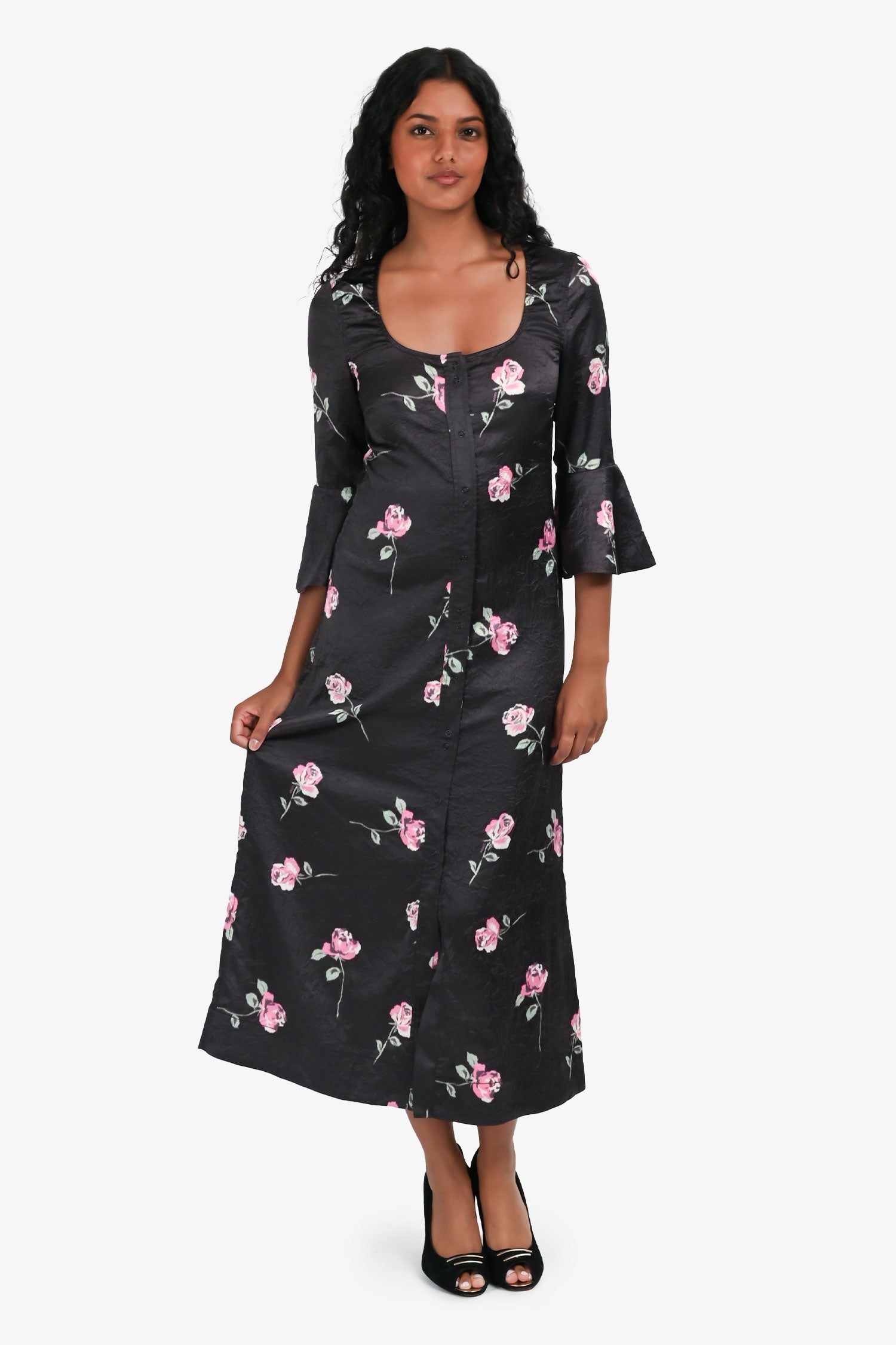 Ganni Black Floral Satin Maxi Button Down Maxi Dress Size 32