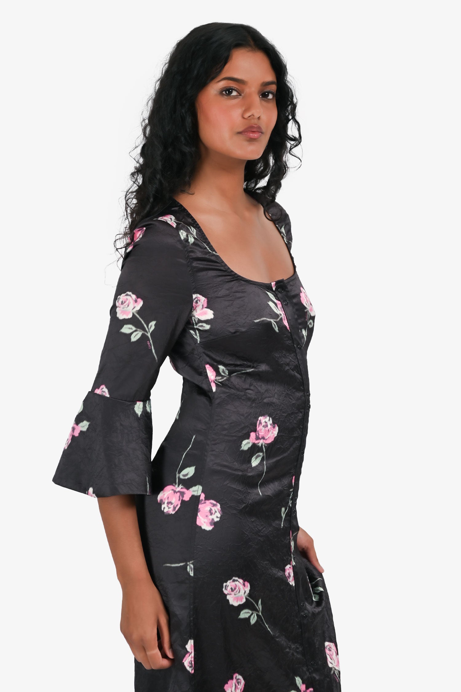 Ganni Black Floral Satin Maxi Button Down Maxi Dress Size 32