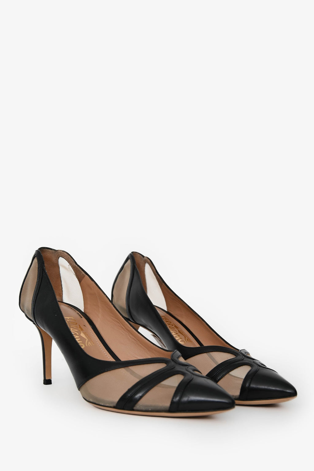 Salvatore Ferragamo Black/Sheer Leather/Mesh Pointed Heels Size 10.5