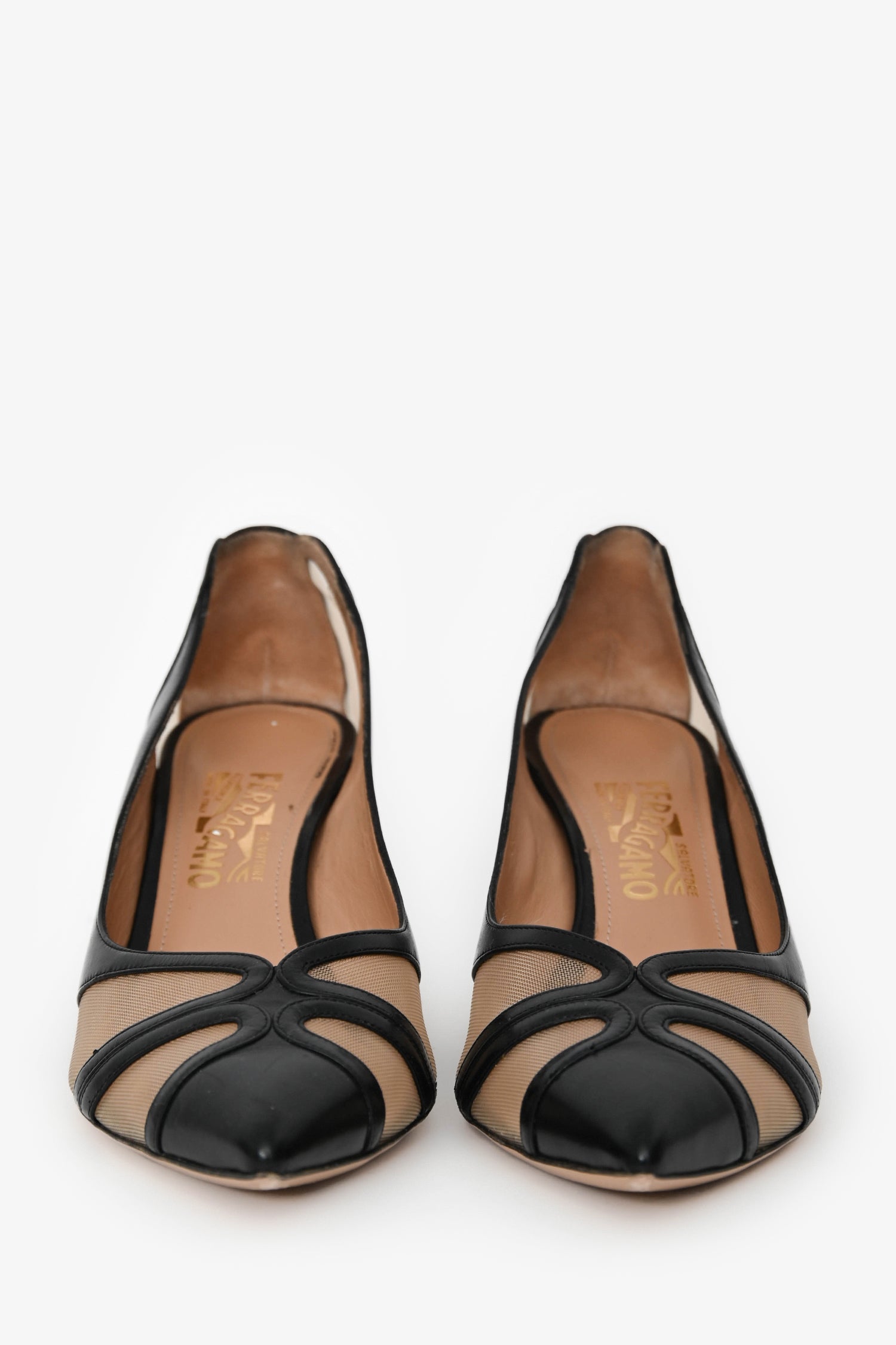 Salvatore Ferragamo Black/Sheer Leather/Mesh Pointed Heels Size 10.5