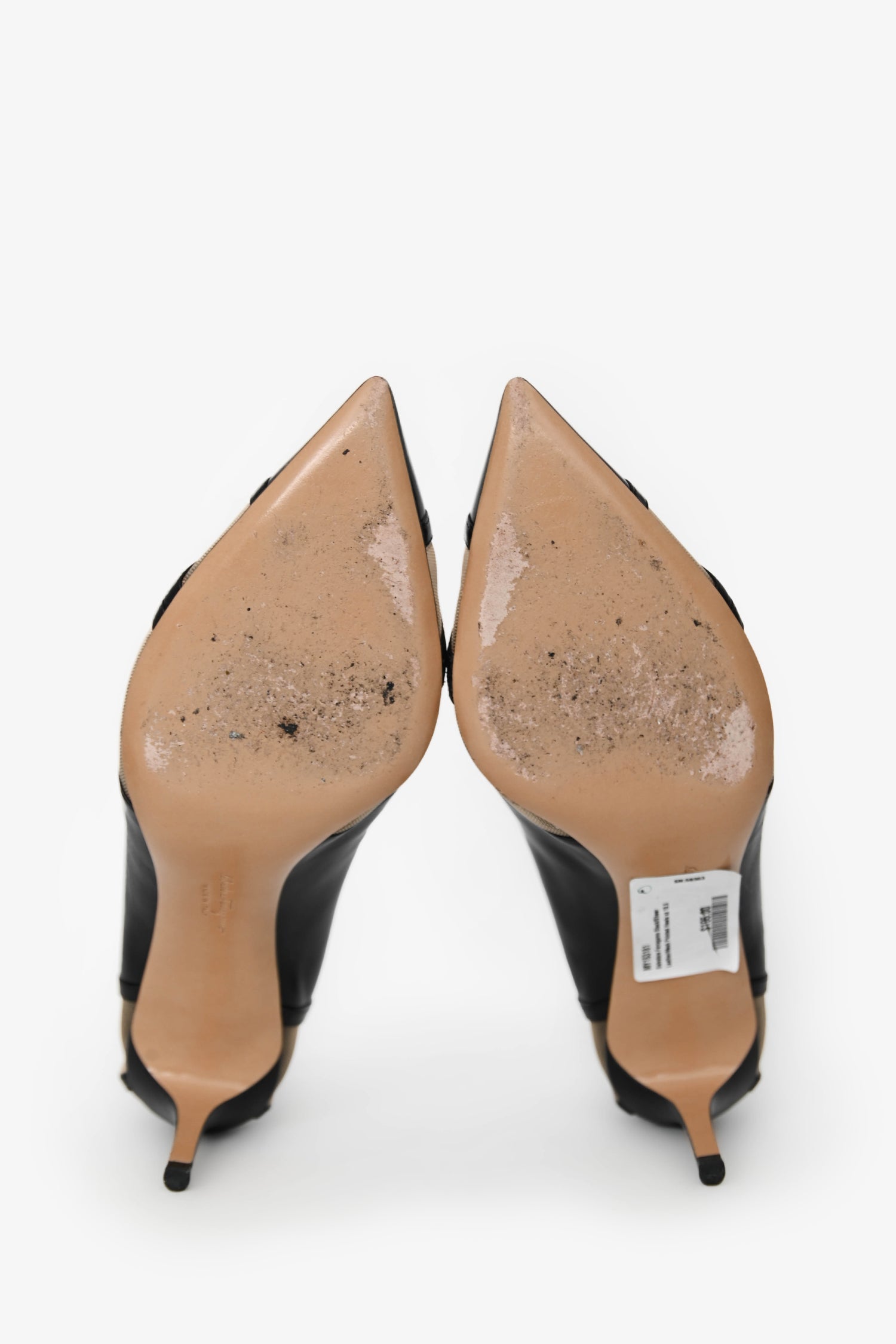 Salvatore Ferragamo Black/Sheer Leather/Mesh Pointed Heels Size 10.5