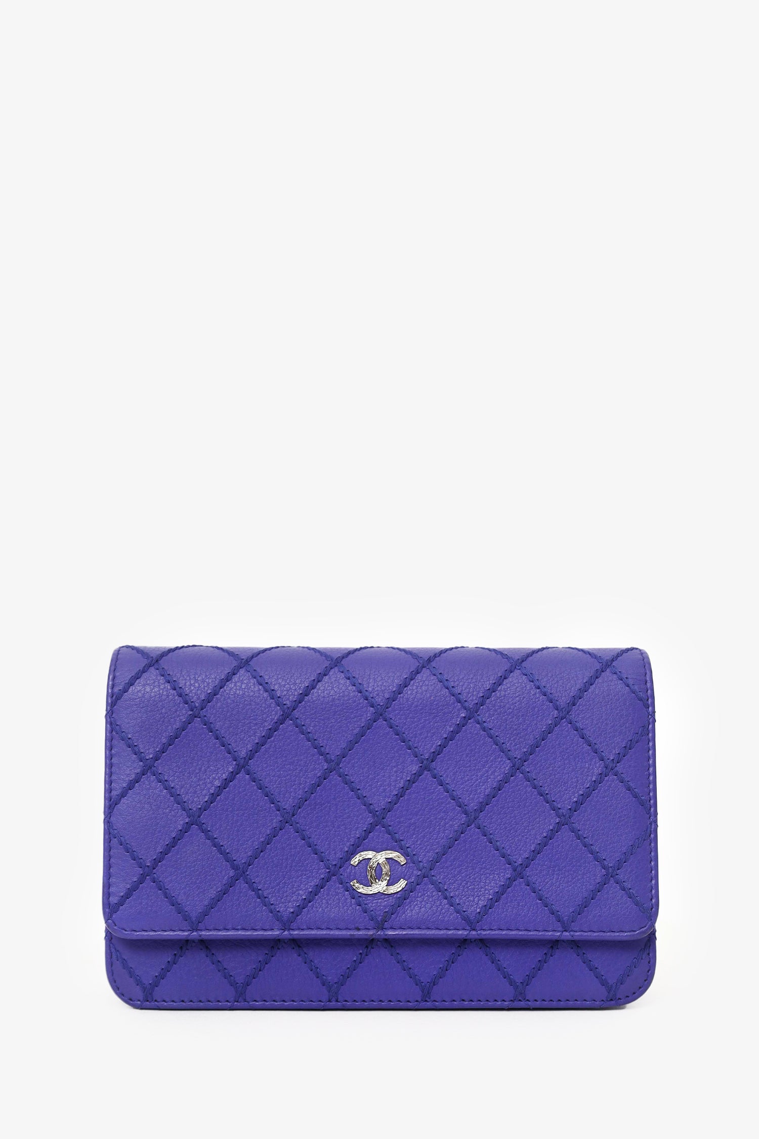 Pre-Loved Chanel™ 2014 Blue Double Stitch Fancy CC Wallet On Chain