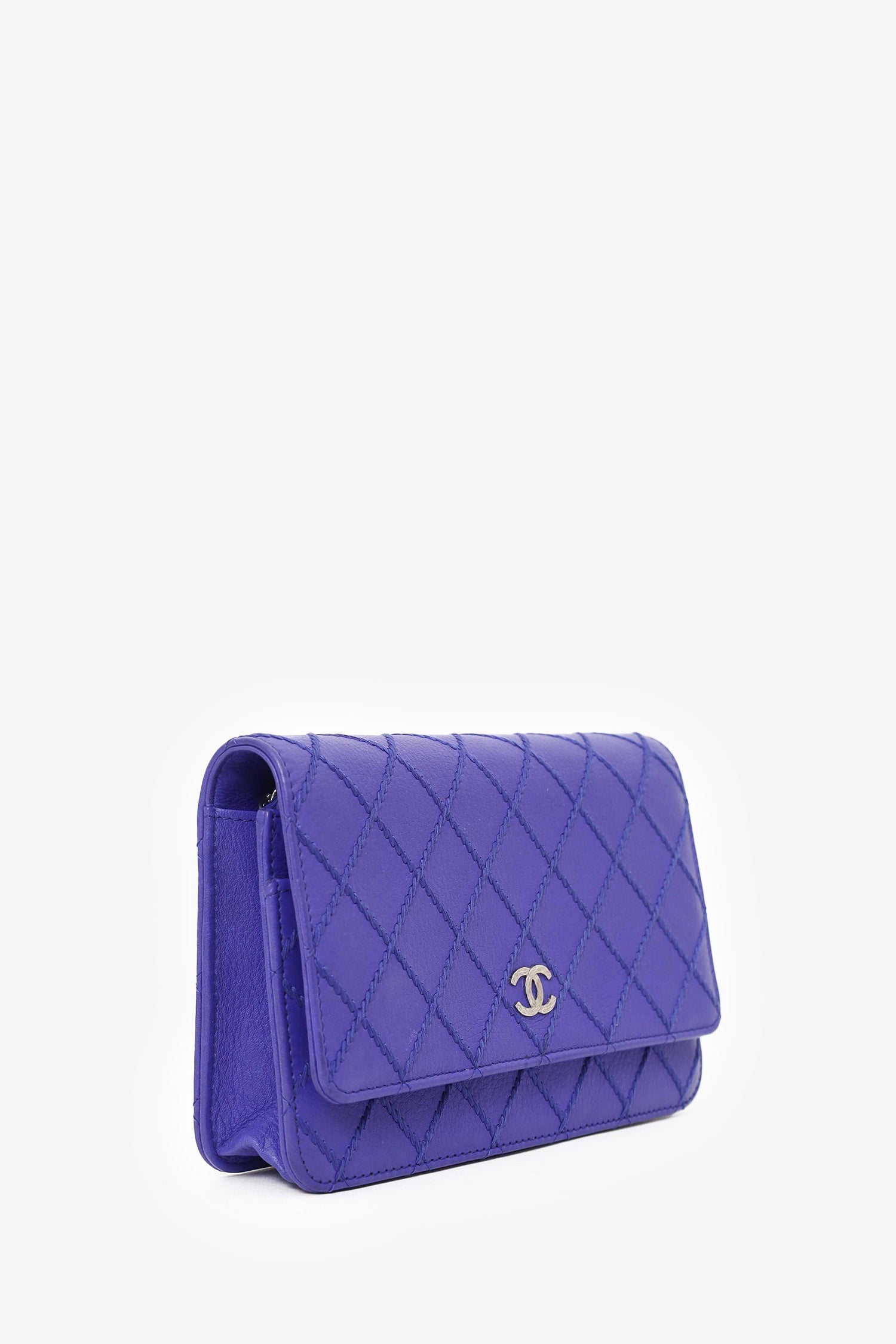 Pre-Loved Chanel™ 2014 Blue Double Stitch Fancy CC Wallet On Chain
