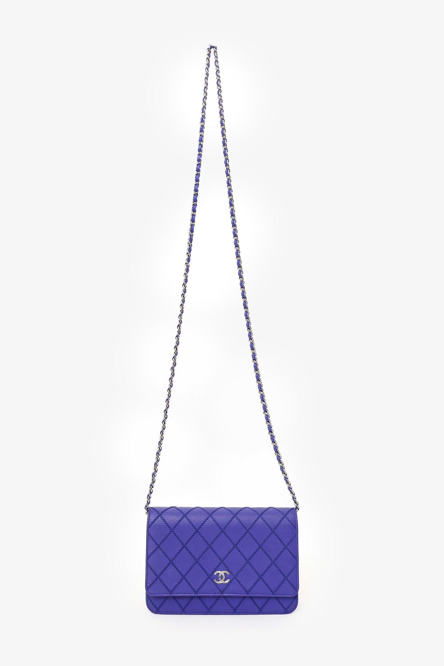 Pre-Loved Chanel™ 2014 Blue Double Stitch Fancy CC Wallet On Chain