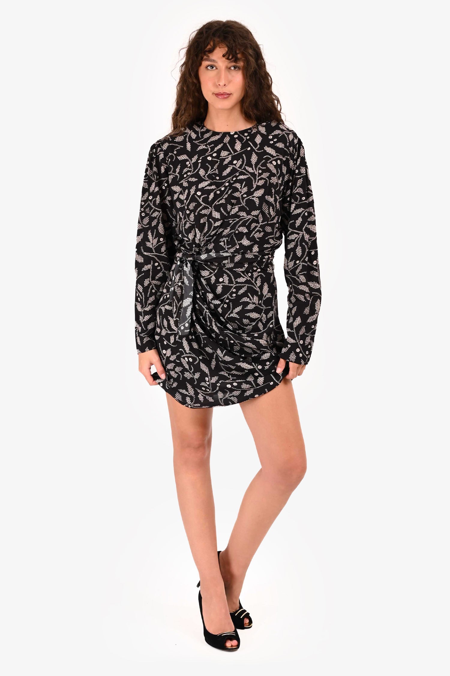 Isabel Marant Etoile Black/White Floral Printed Shoulder Padded Dress Size 40