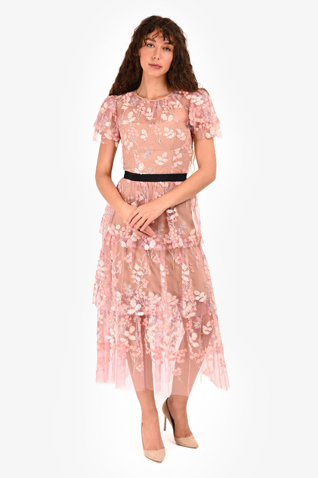 Self-Portrait Pink Sequin Floral Embroidered Short Sleeves Dress Size 4 US