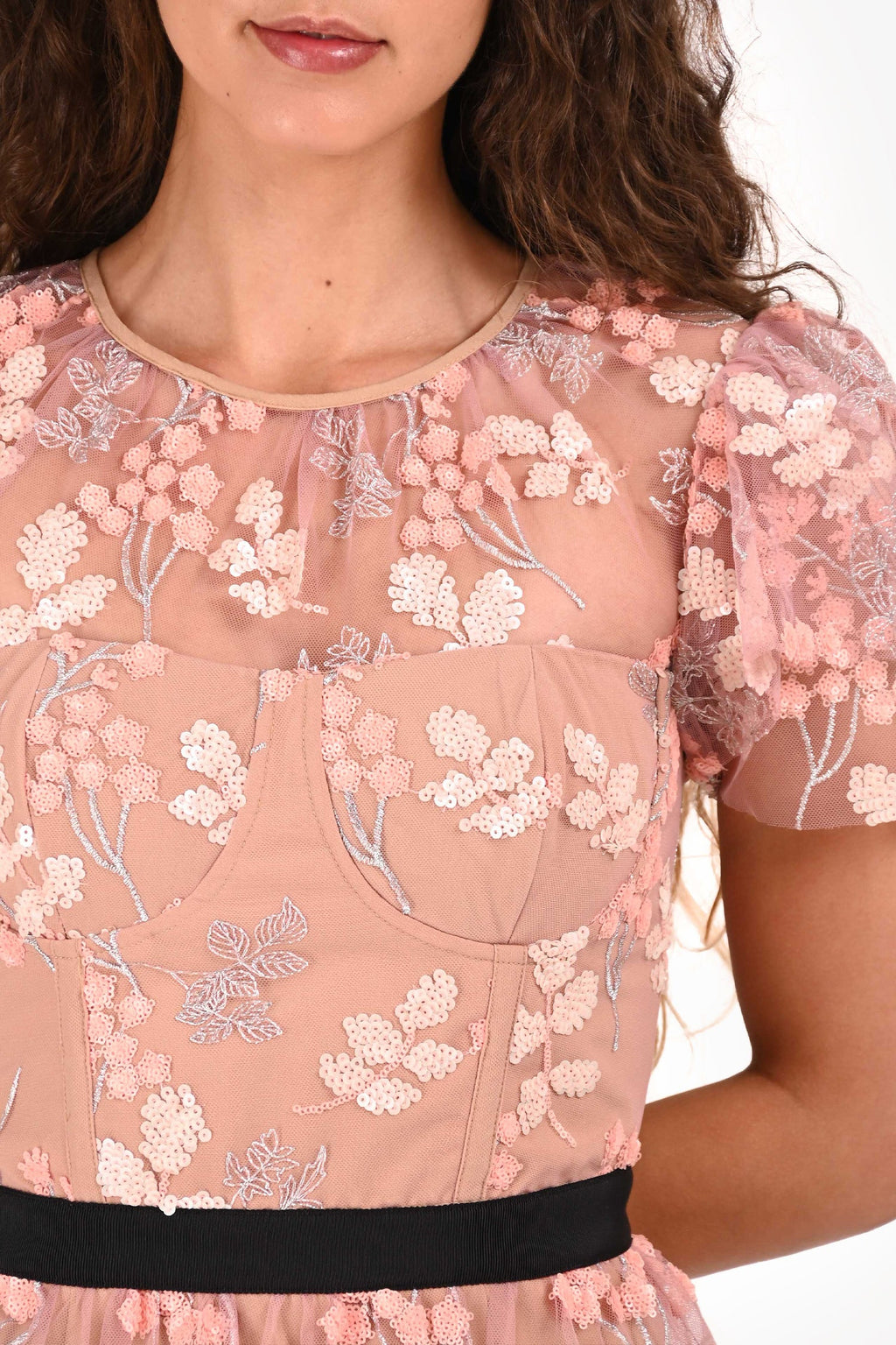Self-Portrait Pink Sequin Floral Embroidered Short Sleeves Dress Size 4 US
