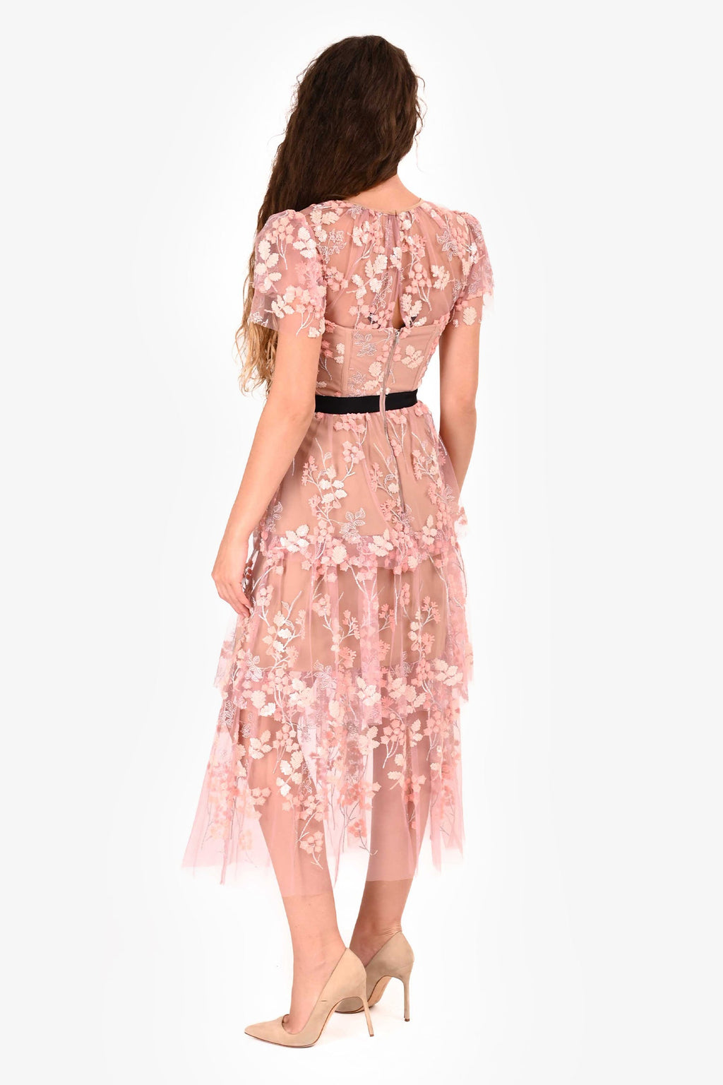 Self-Portrait Pink Sequin Floral Embroidered Short Sleeves Dress Size 4 US