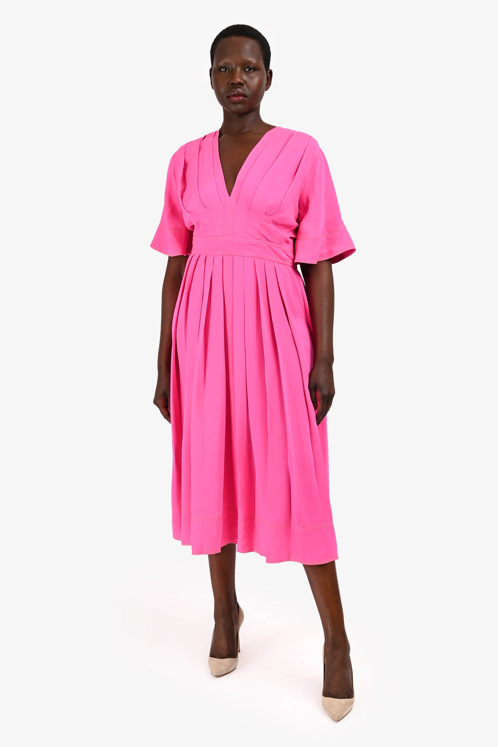 Roksanda Pink Stitch Detail V Neck Pleated Midi Dress Size 14
