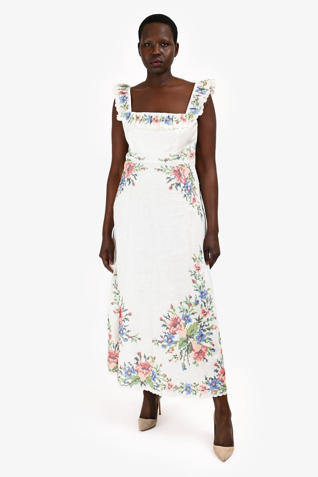 Zimmermann White Floral Embroidered Details Sleeveless Midi Dress Size 3