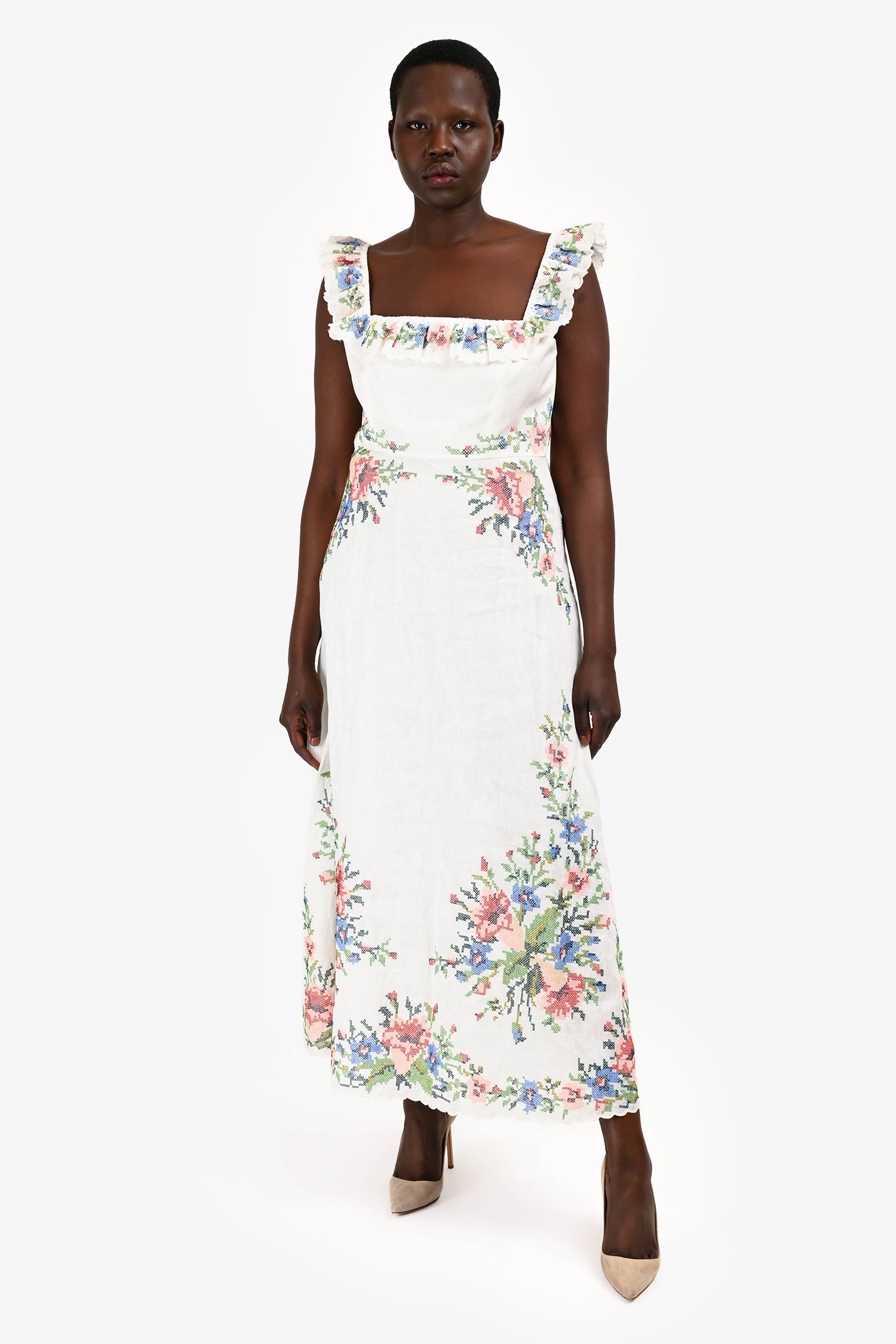 Zimmermann White Floral Embroidered Details Sleeveless Midi Dress Size 3