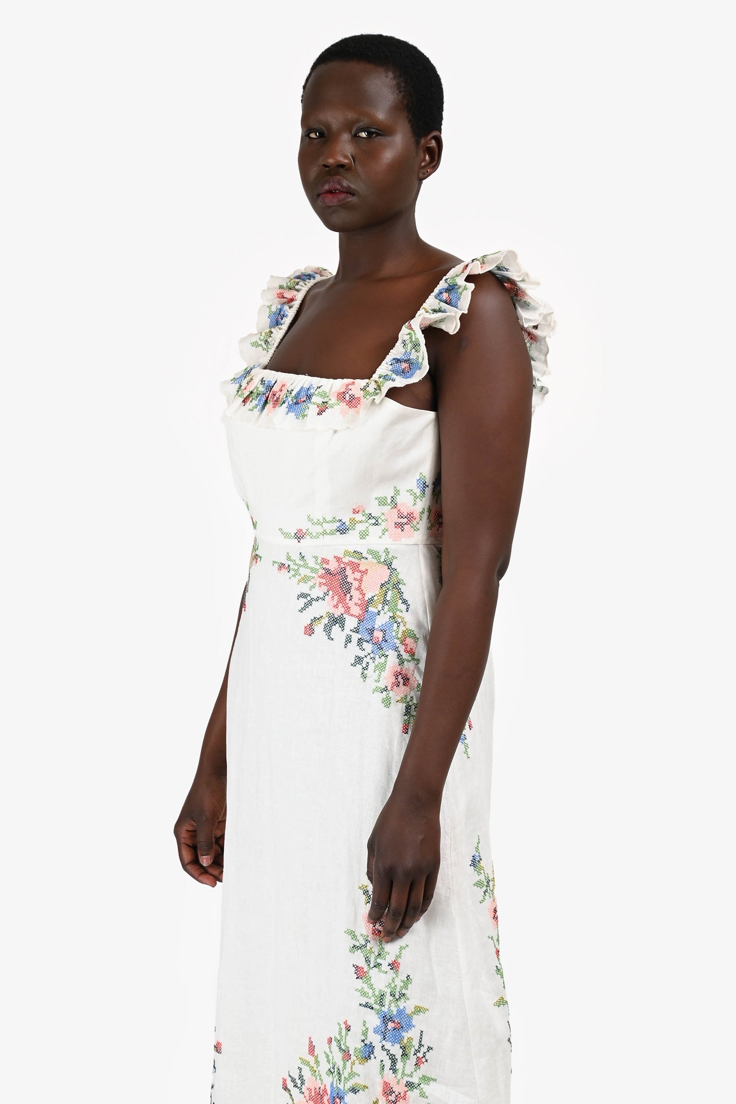 Zimmermann White Floral Embroidered Details Sleeveless Midi Dress Size 3