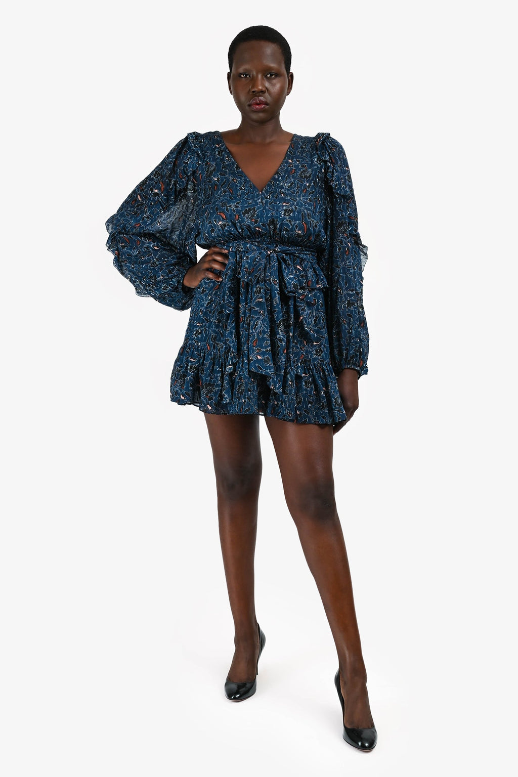 Ulla Johnson Navy Silk Floral Printed Long Sleeves Mini Dress Size 10