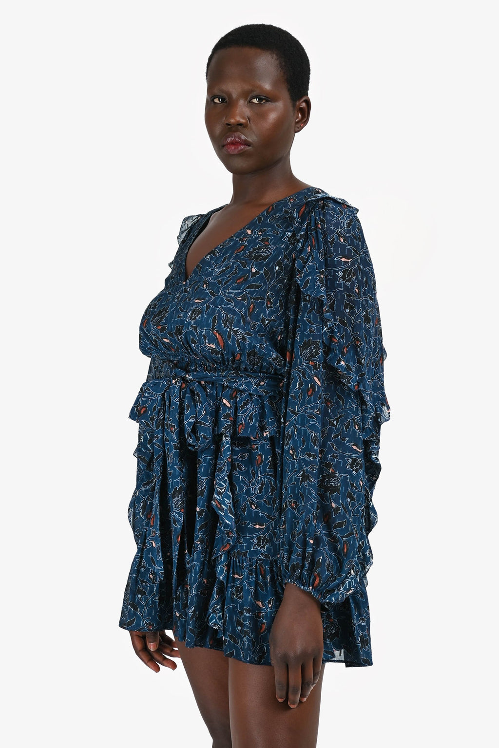Ulla Johnson Navy Silk Floral Printed Long Sleeves Mini Dress Size 10