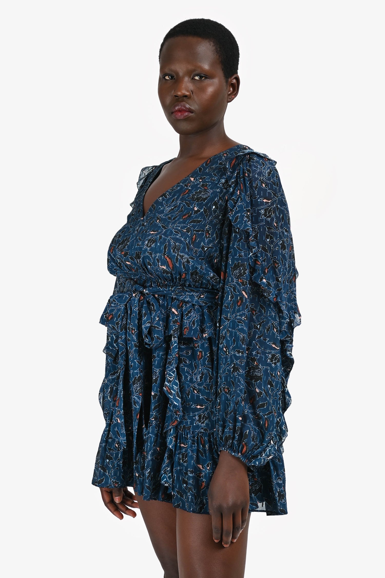 Ulla Johnson Navy Silk Floral Printed Long Sleeves Mini Dress Size 10