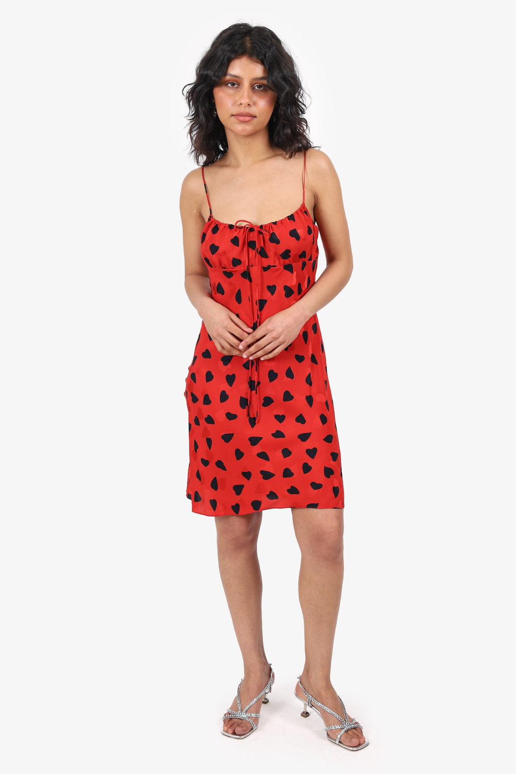 Saint Laurent Red/Black Silk Heart Print Mini Slip Dress Size 38