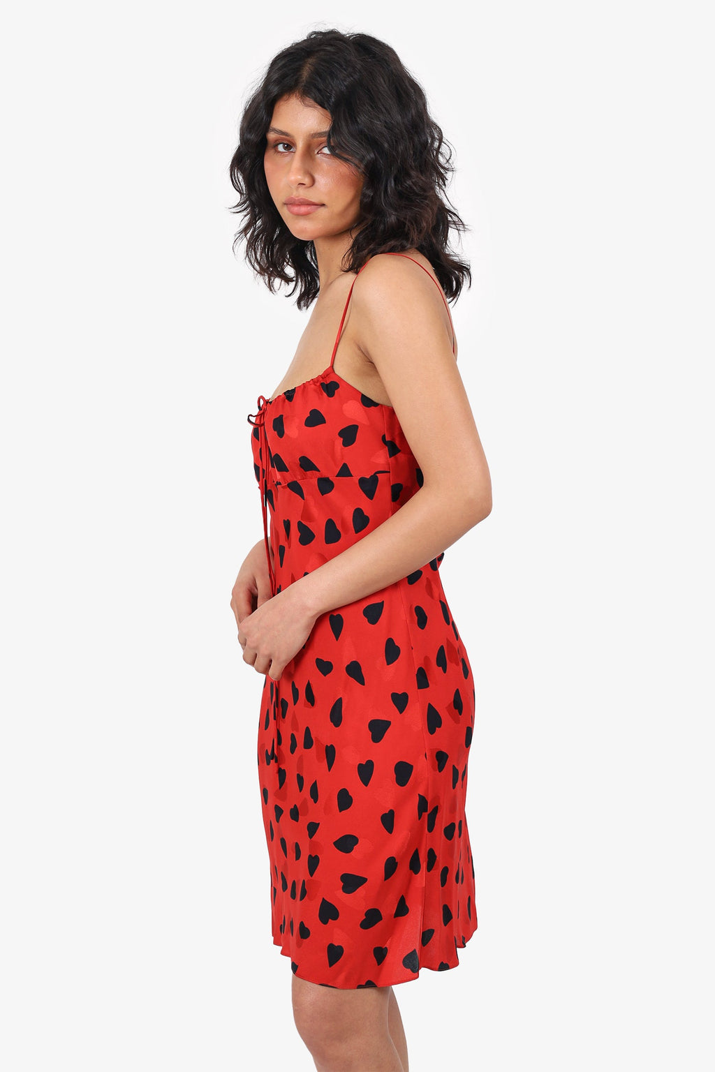 Saint Laurent Red/Black Silk Heart Print Mini Slip Dress Size 38