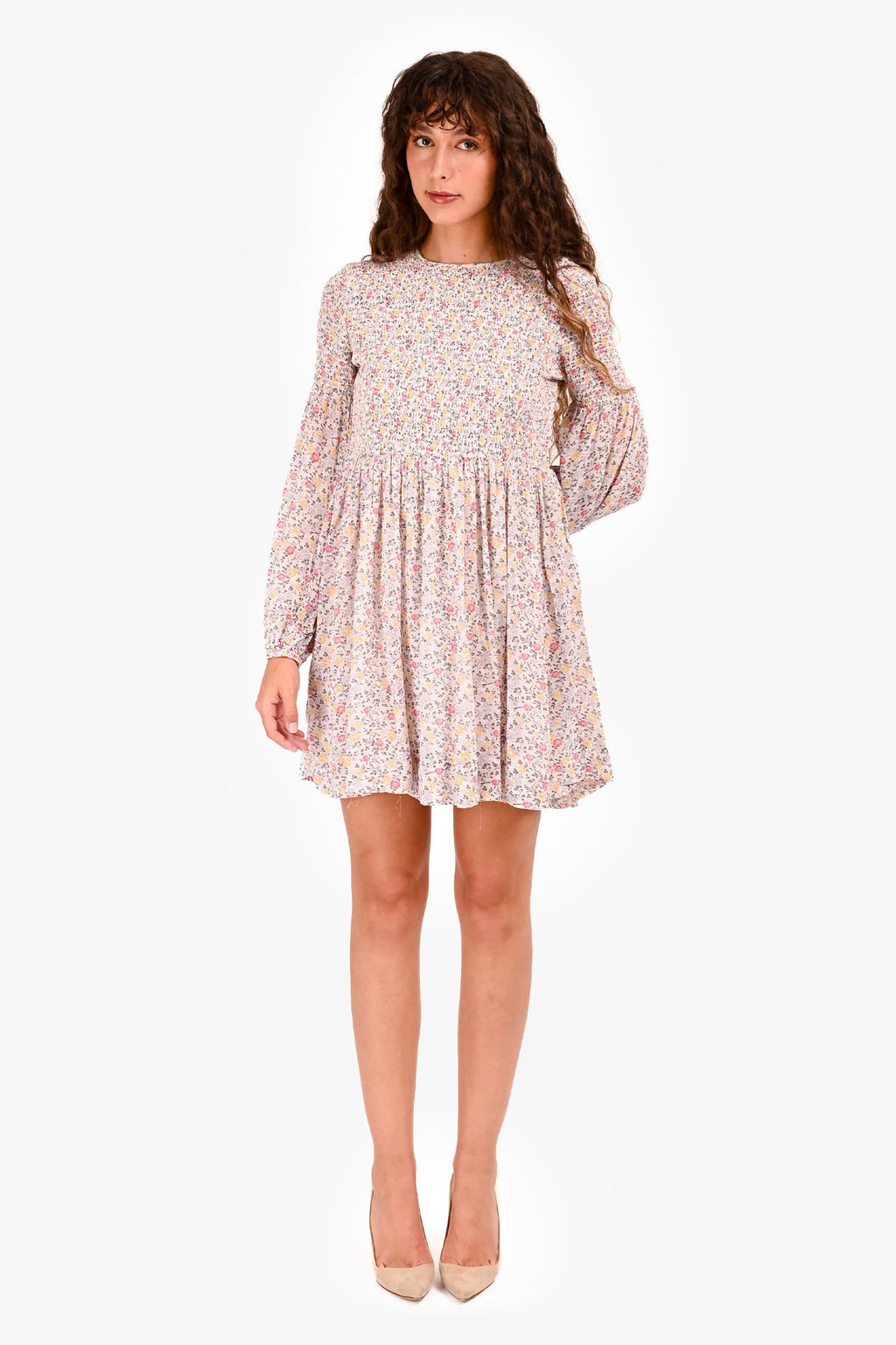 Ganni Yellow/White Floral Print Ruched Long Sleeve Mini Dress Size 36