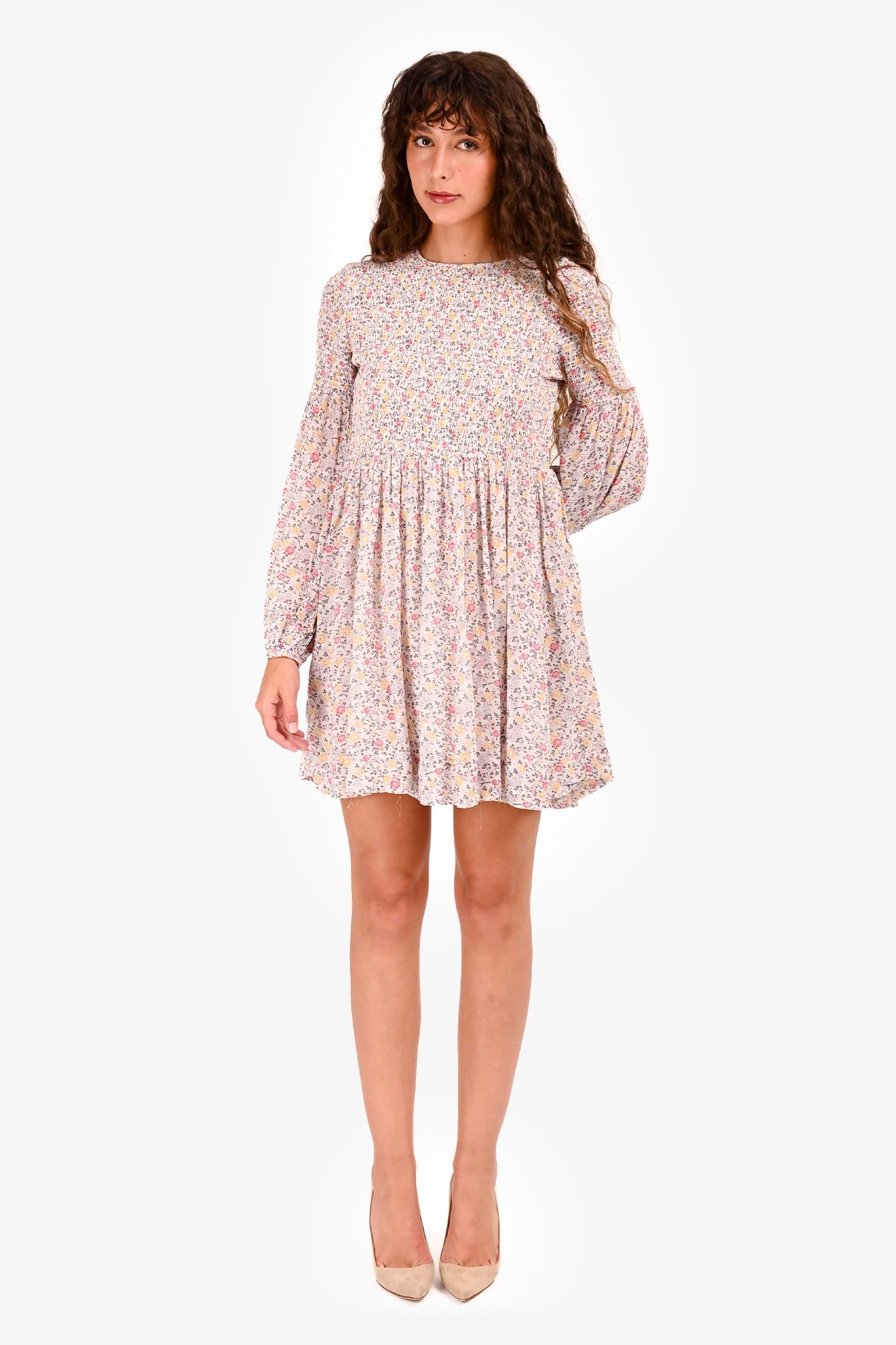 Ganni Yellow/White Floral Print Ruched Long Sleeve Mini Dress Size 36