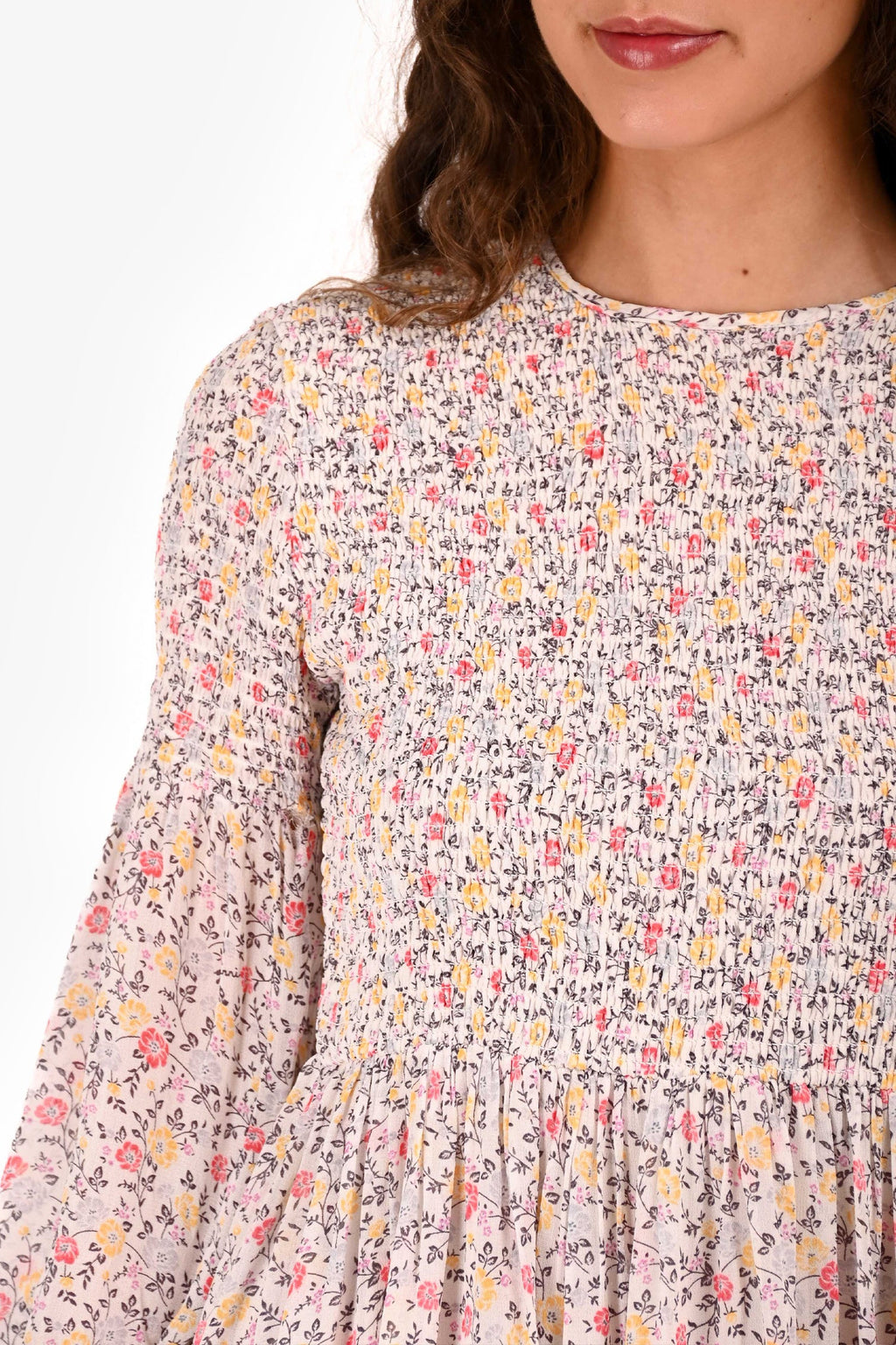 Ganni Yellow/White Floral Print Ruched Long Sleeve Mini Dress Size 36